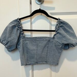 Denim Square Neck Puff Sleeve Crop Top